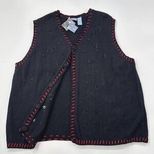 Vintage Holiday Editions Womens Sweater Vest 1X Black Beaded Button Trim 90s NEW